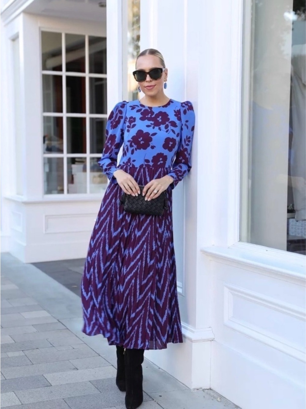 Ann Taylor - Blue & Purple Floral Long-Sleeve Midi Dress